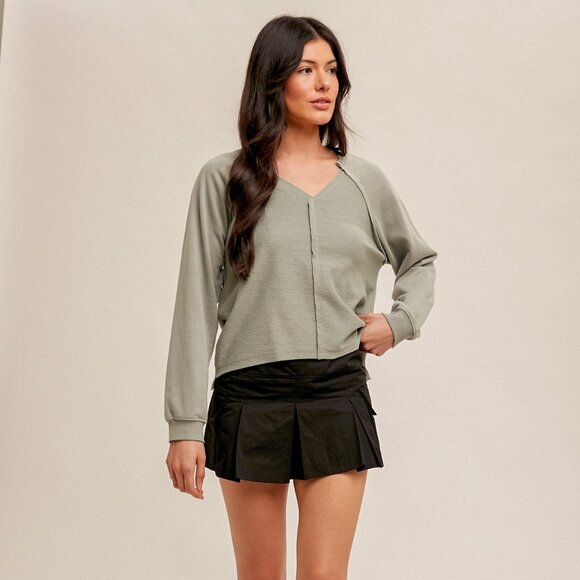 HEM & THREAD Sage Green Raw-Edge V-Neck Long Sleeve Top | Casual Relaxed Fit - Picture 4 of 4